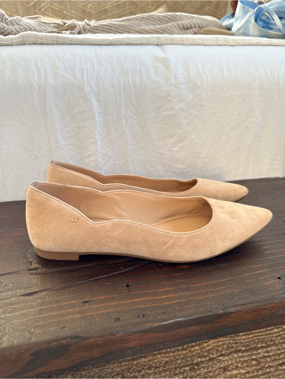 Coach Pointed Toe Suede Ballet Flats in Pink/Beige